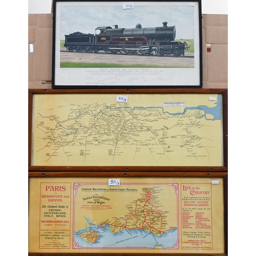 311 - A London Midland and Scottish Railway print to/w two carriage framed maps (3)