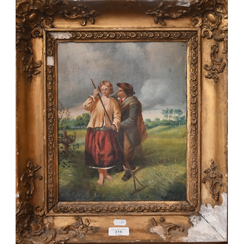 316 - 19th century English school - A courting couple in a rustic landscape, oil on canvas, 30 x 24.5 cm&n... 