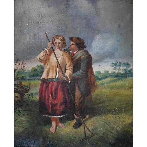 316 - 19th century English school - A courting couple in a rustic landscape, oil on canvas, 30 x 24.5 cm&n... 