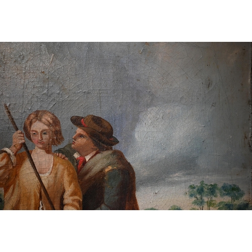 316 - 19th century English school - A courting couple in a rustic landscape, oil on canvas, 30 x 24.5 cm&n... 