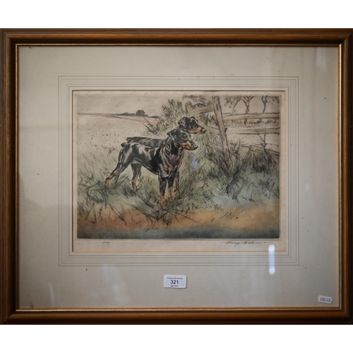 321 - After Henry Wilkinson - Dobermen on point, coloured etching ltd ed 1/150, pencil signed to margin, 2... 