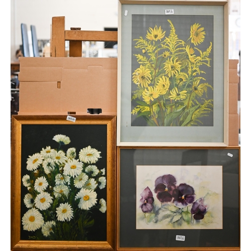 325 - Mixed pictures to include E M Breton - Hydrangeas, watercolour, 38 x 52 cm; Sunflowers; Daisies; Mar... 