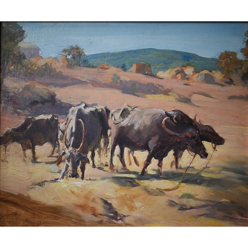 326 - Continental school - Buffalo in the heat of the day, oil on board, 29 x 36 cm 