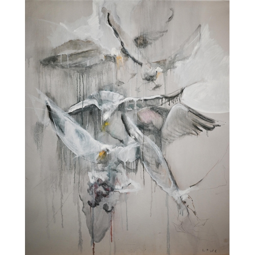 329 - Lowe - Abstract birds in flight, oil on canvas, signed lower right, 90 x 74 cm 