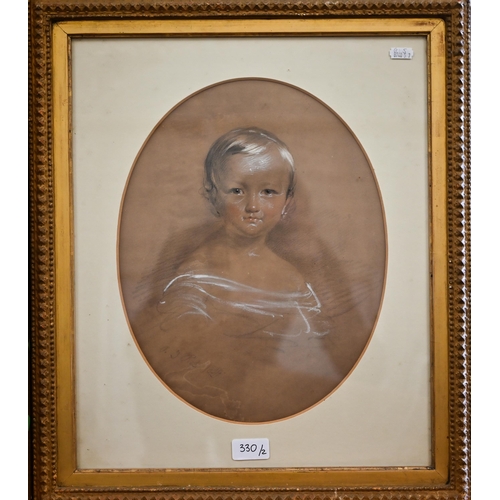 330 - A 19th century chalk portrait study of an infant, signed and dated, 36 x 27 cm to/w a Portrait study... 