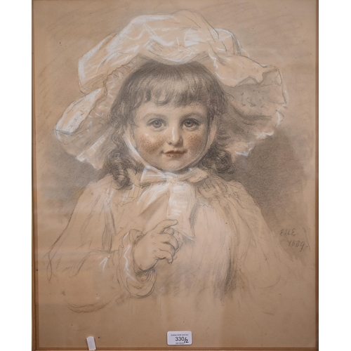 330 - A 19th century chalk portrait study of an infant, signed and dated, 36 x 27 cm to/w a Portrait study... 