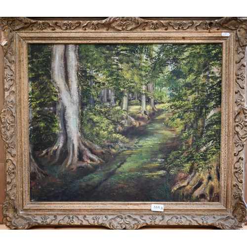 336 - M W Blunt - Two woodland views, oil on canvas, signed to verso, 49 x 60 cm (2)