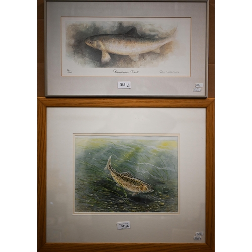 341 - Dick Twinney - 'Rippling Waters', brown trout on river bed, watercolour, signed, 23.5 x 32 cm to/w A... 