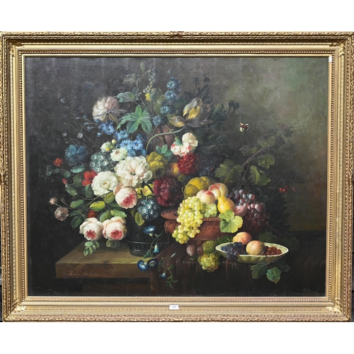 349 - After Thomas Webster - An abundant still life study with fruit and flowers, overpainted print, 100 x... 