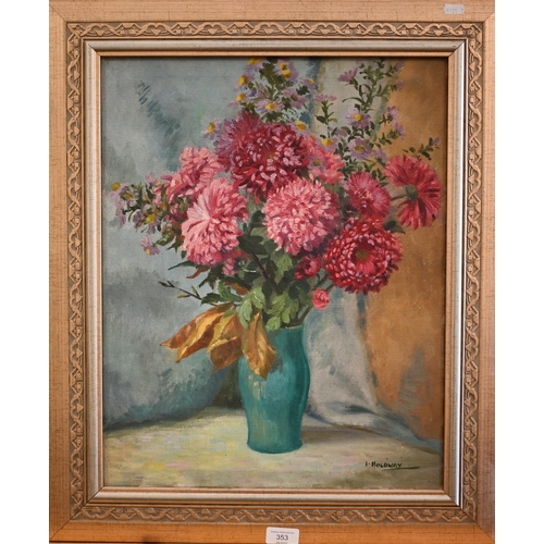 353 - I Holdway - Chrysanthemums in a vase, oil on canvas, signed, 50 x 40 cm to/w Martin - Sheep in a lan... 