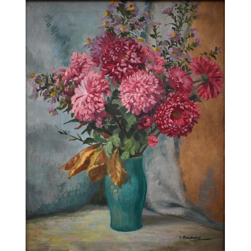 353 - I Holdway - Chrysanthemums in a vase, oil on canvas, signed, 50 x 40 cm to/w Martin - Sheep in a lan... 