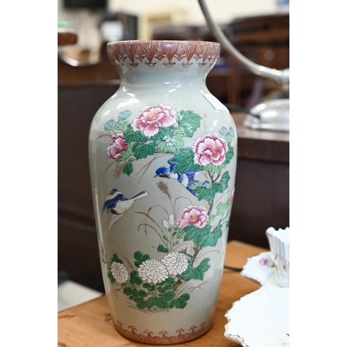 37 - Japanese celadon-glazed vase painted with flowers and birds, 30 cm high to/w a Victorian Carlton War... 