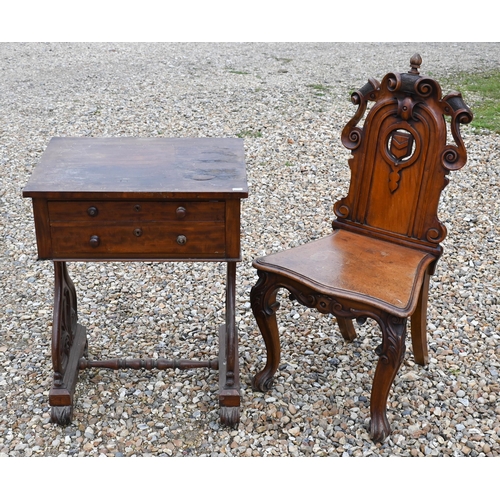 415 - A Victorian mahogany hall chair to/w a mahogany work table, both a/f (2)