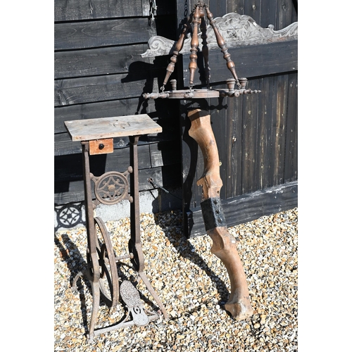 419 - French ox yoke to/w an antique turned fruitwood spinning wheel hanging candelabra, a carved oak pane... 