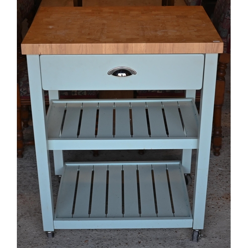 422 - A modern beech block top pale green painted single drawer kitchen island trolley, 70 x 50 x 90 cm h