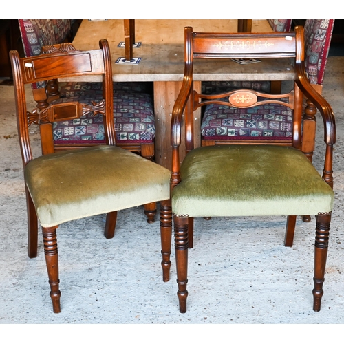 423 - A set of five Regency brass inlaid mahogany side chairs to/w a pair of brass inlaid mahogany carver ... 