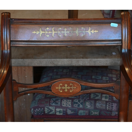 423 - A set of five Regency brass inlaid mahogany side chairs to/w a pair of brass inlaid mahogany carver ... 