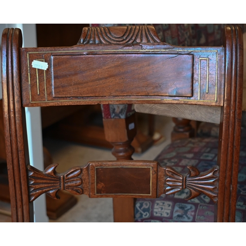 423 - A set of five Regency brass inlaid mahogany side chairs to/w a pair of brass inlaid mahogany carver ... 