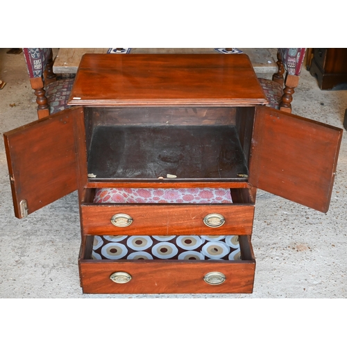 431 - Victorian mahogany commode cabinet with a pair of cabinet doors over two long drawers, on shaped bra... 