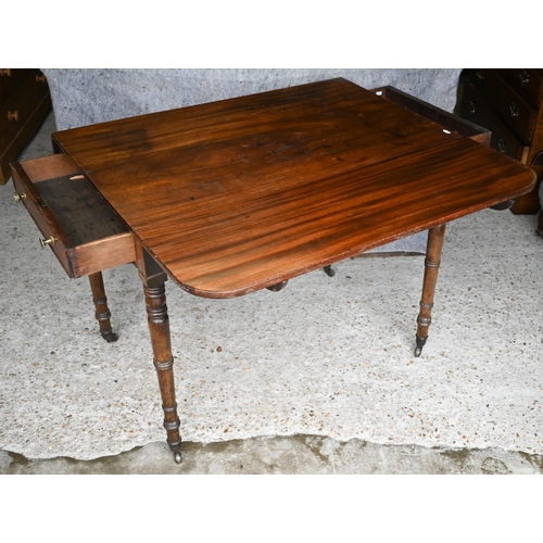 436 - A Victorian mahogany drop leaf Pembroke table with frieze drawer to each end, on turned legs to bras... 