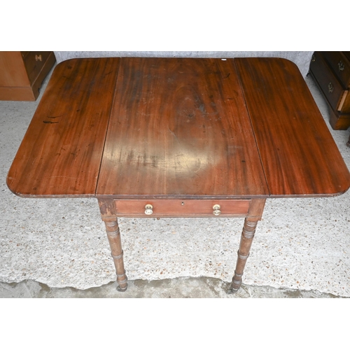 436 - A Victorian mahogany drop leaf Pembroke table with frieze drawer to each end, on turned legs to bras... 