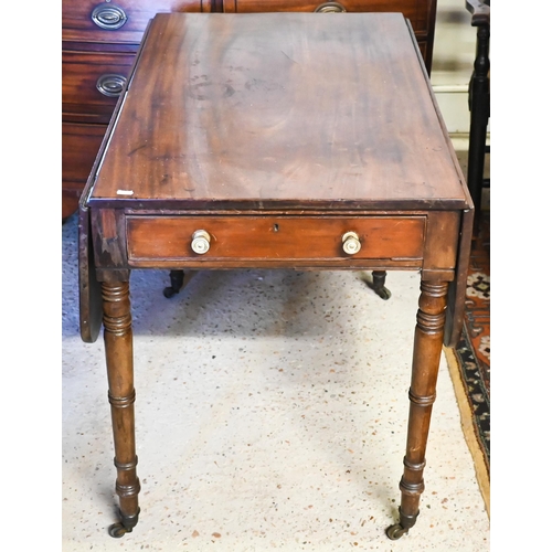 436 - A Victorian mahogany drop leaf Pembroke table with frieze drawer to each end, on turned legs to bras... 