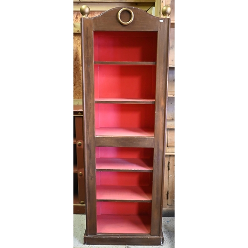 439 - A painted and grained open bookcase with bell finial mounts, 62 x 31 x 183 cm h