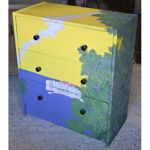 442A - Small round occasional table to/w a child's painted three drawer chest and a two-tier bamboo side ta... 