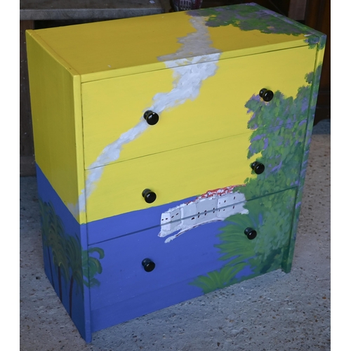 442A - Small round occasional table to/w a child's painted three drawer chest and a two-tier bamboo side ta... 