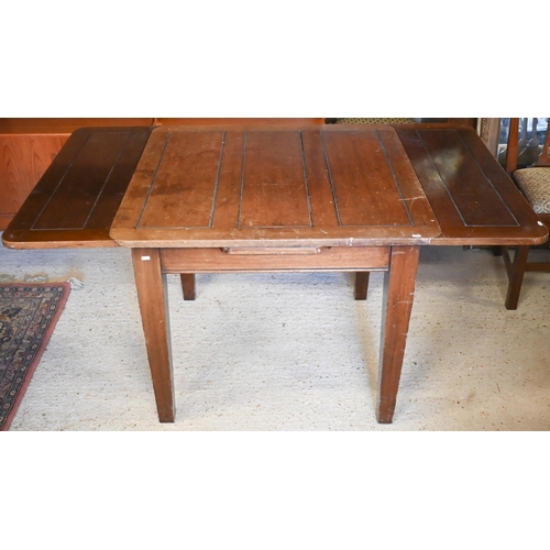 452 - A vintage hardwood draw-leaf dining table, raised on square tapering legs, 92cm (closed) 152 cm (ope... 