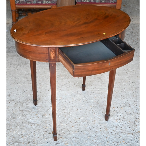 457 - A Sheraton Revival oval satinwood occasional table with frieze drawer, raised on square tapering leg... 