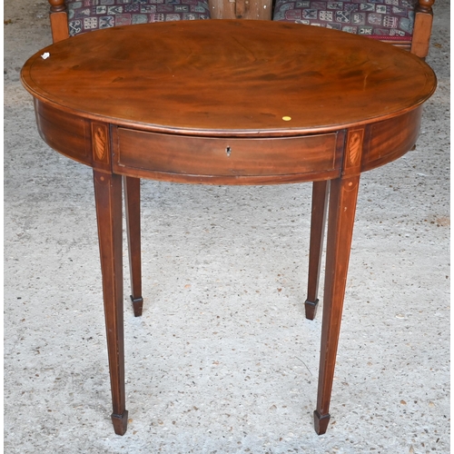 457 - A Sheraton Revival oval satinwood occasional table with frieze drawer, raised on square tapering leg... 