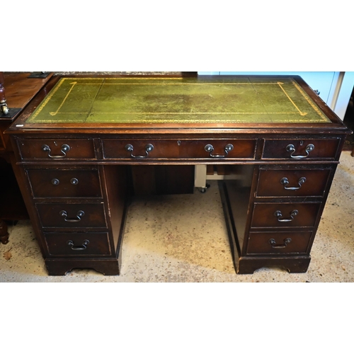 458 - A reproduction green leather top mahogany pedestal desk, 123 x 62 x 77 cm h