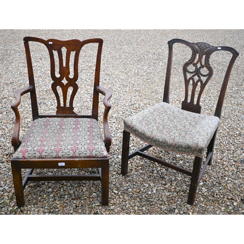 465 - Two differing George III mahogany chairs, one elbow chair, the other a standard side chair, both a/f... 