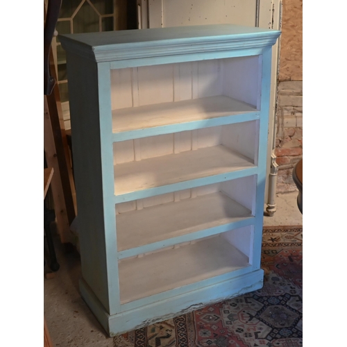 491 - A pale blue/white painted open four-tier bookcase, on plinth base, 90 x 44 x 134 cm h