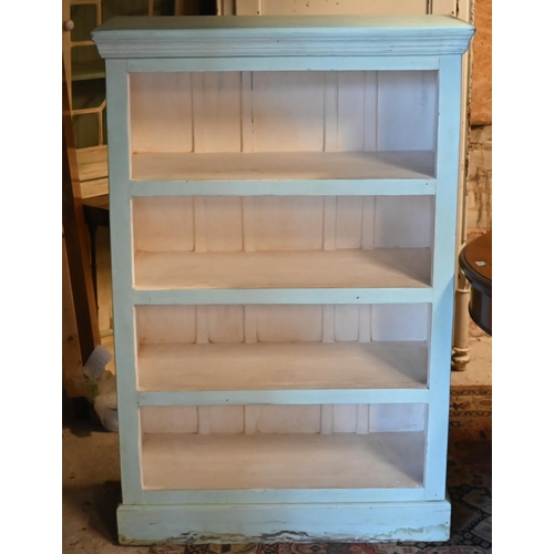 491 - A pale blue/white painted open four-tier bookcase, on plinth base, 90 x 44 x 134 cm h