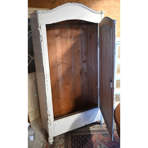 492 - An antique distress white painted French armoire with drawer to base, 96 x 46 x 184 cm h