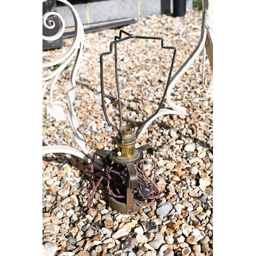 500 - Two antique wrought iron/steel standard lamps, converted from an oil lamp and later painted, to/w a ... 