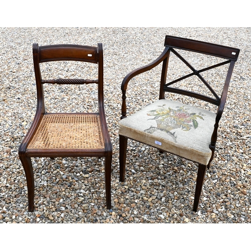 504 - A single Regency carver with needlework seat to/with a single cane seat chair (2)