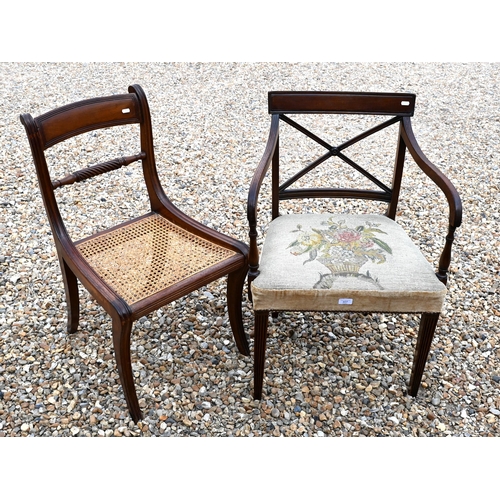 504 - A single Regency carver with needlework seat to/with a single cane seat chair (2)