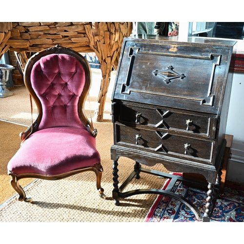 524 - An Edwardian Jacobean style bureau on stand, plaque for 'Matthews limited furnishing, Gloucester' 61... 