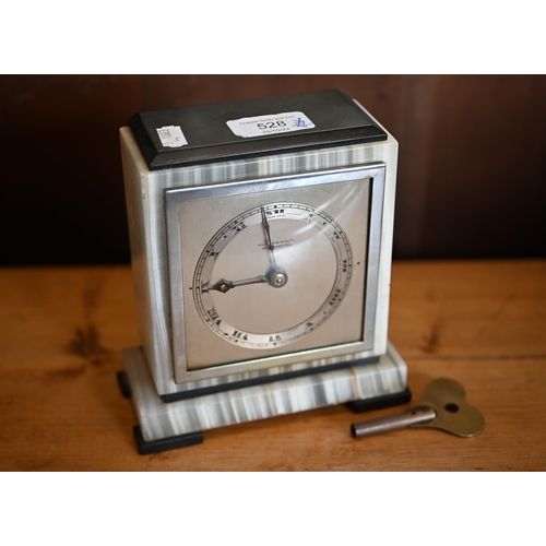 528 - A Pegler & Wyatt Southampton Art Deco white onyx desk or mantel clock, 16 cm high