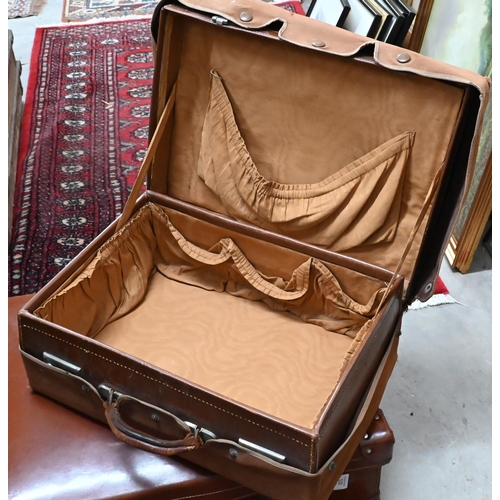 532 - Two vintage brown leather suitcases with canvas covers 