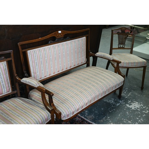 249 - WITHDRAWN An Edwardian walnut and marquetry Sheraton revival salon suite with puce and cream brocade... 