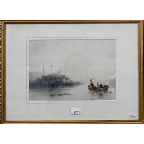 301 - Charles Bentley (1805-1854) - A Continental lake scene, watercolour, 21 x 30 cm, with both Albany Ga... 