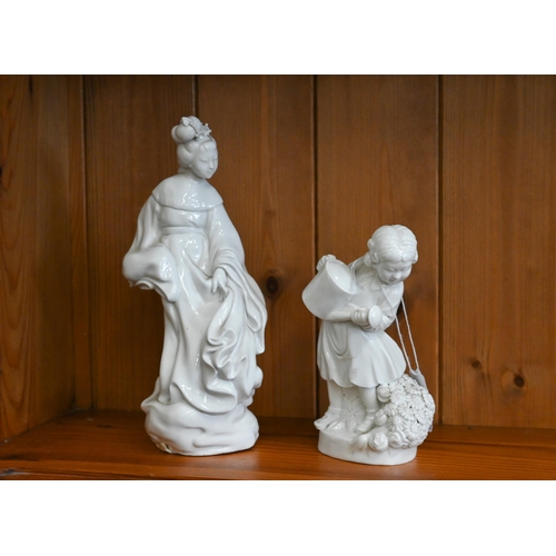 20 - Two blanc de chine figures of a woman and child, 21/15 cm (2)