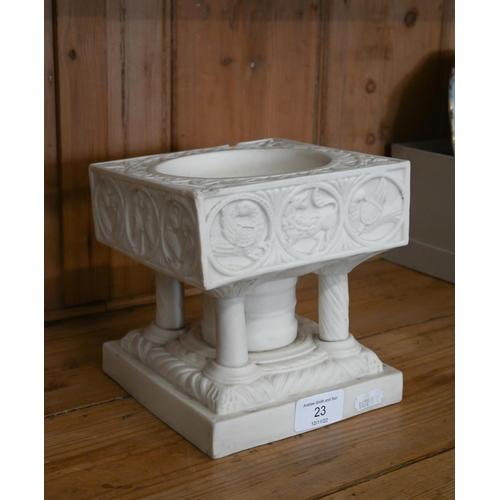 23 - Victorian parian model of Winchester Cathedral font, 15 cm square