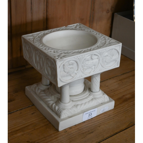 23 - Victorian parian model of Winchester Cathedral font, 15 cm square