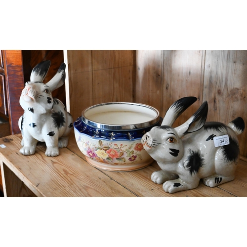 24 - Pair of Chinese celadon glazed rabbits, 23/20 cm to/w a Victorian Carlton Ware bowl with ep rim (3)