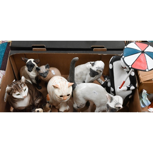 32 - Pair of Studio pottery Siamese cats to/w a Royal Copenhagen Siamese cat, and other cat ornaments (bo... 